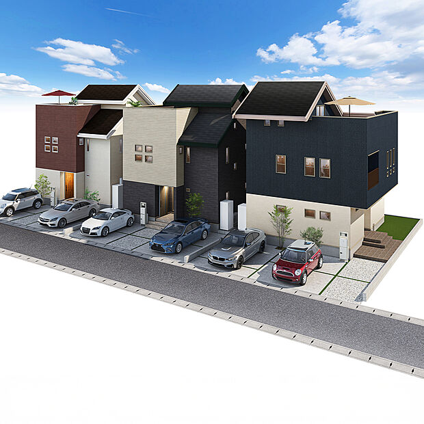 【【街並完成予想図】】全棟敷地面積44坪超の、ゆったりとした街並み。広い空を楽しめるプライベート空間「青空リビング」付きで、おうち時間が充実します。