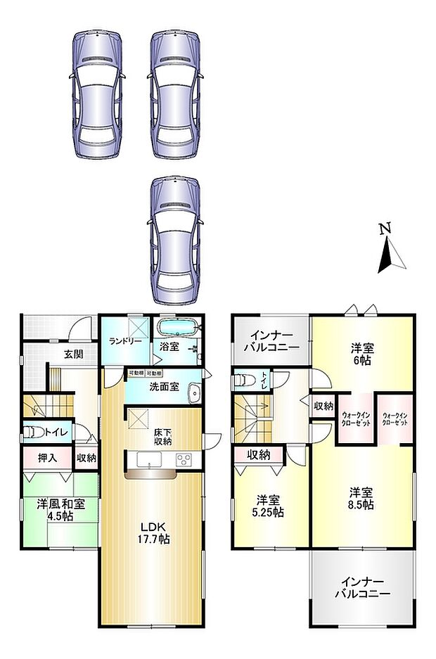 4LDK　土地面積：210.67ｍ2　建物面積：121.72ｍ2　駐車スペース3台