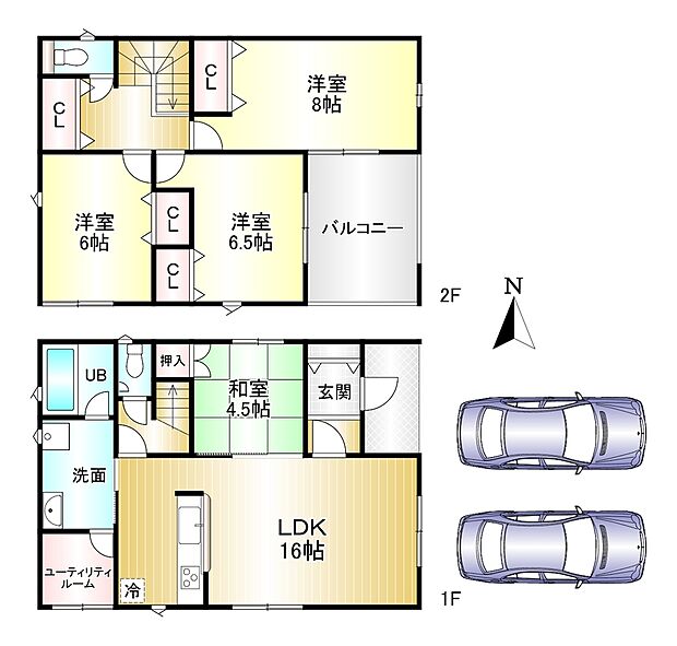 1号棟 4LDK 土地面積:130.24m2 建物面積:109.75m2 駐車2台可