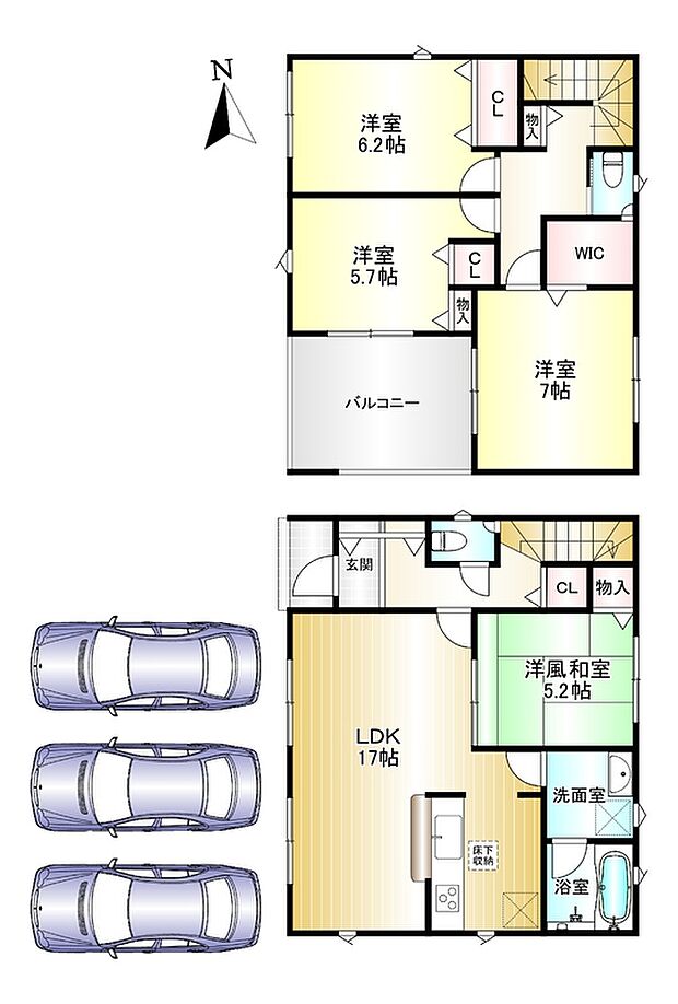 4LDK 土地面積:133.46m2 建物面積:107.72m2 駐車スペース3台