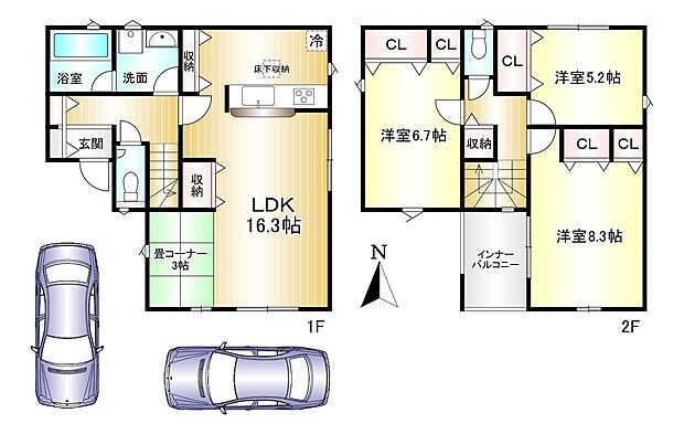 3LDK+畳コーナー 土地面積:98.24m2 建物面積:100.03m2 駐車2台可