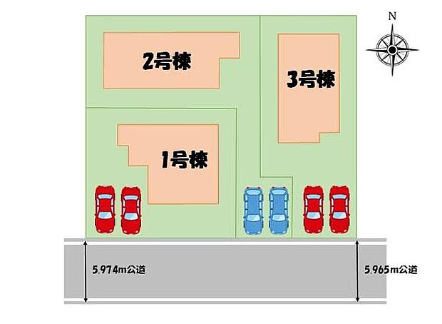 ≪全体区画図≫
並列駐車2台分のカースペースをご用意しております。家族分の自転車を駐輪したり、来客用の駐車スペースとしてもお使いいただけます。