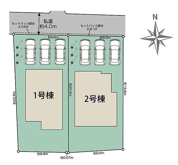 【区画図】
お車3台分の駐車スペースございます。ご家族分の自転車駐輪や来客用の駐車スペースにも困りません♪また、南側にあるお庭は道路に面していないのでためプライバシーが守られやすいのも嬉しいポイント!