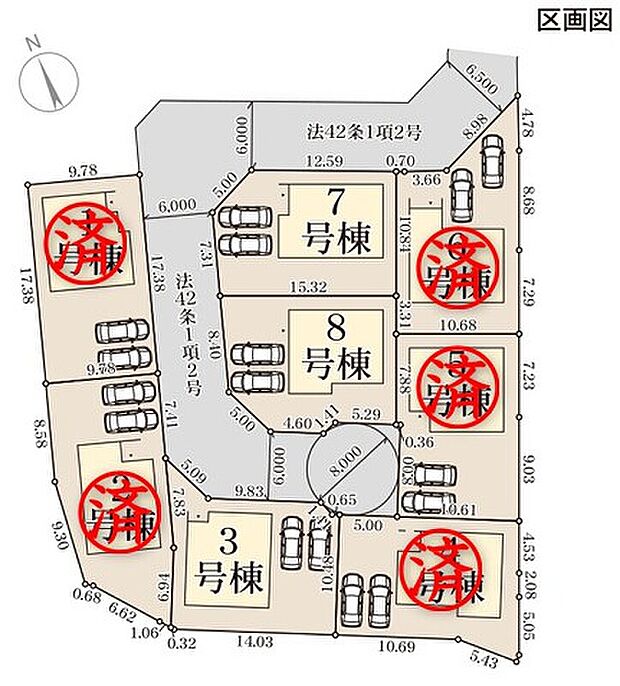 【全体区画図】全棟、並列駐車2台分の駐車スペースを設けておりますので、ご家族の自転車の駐輪も可能です♪