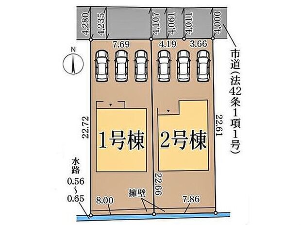 【全体区画図】並列駐車可能なカースペース3台分ご用意ございます♪
家族分の自転車を駐輪したり、来客用の駐車スペースとしてもお使いいただけます♪