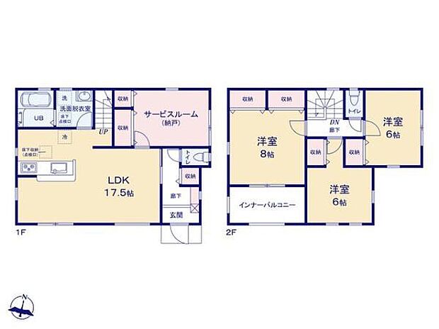 【3LDK+S】2階居室は6～8帖とゆとりある間取りプラン♪
1階には約6帖の納戸を備え、収納付きなので
お子様が成長し個室が必要になった際も便利に
お使いいただけます◎