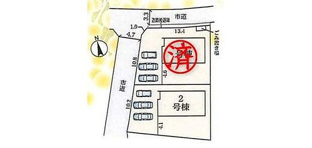 【区画図】カースペースは車種により3台分ございますので、家族分の自転車を駐輪したり、来客用の駐車スペースとしてもお使いいただけます。