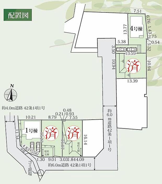 【全体区画図】5区画販売の新築分譲地♪開発分譲地で道路幅も6m、敷地面積も40坪あるのでゆとりのある邸宅となります♪