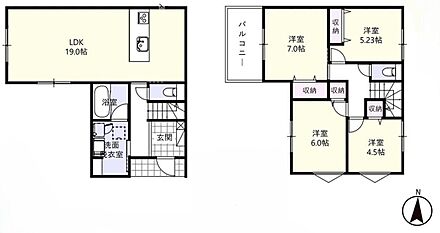 ○家族のコミュニケーションを重視した、19帖LDKの対面式キッチンプランです♪
○お洗濯物がたくさん干せます！広々バルコニー♪○全居室収納付き♪ 
