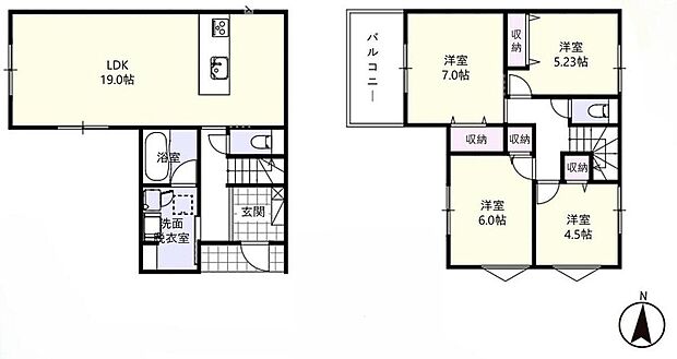 【4LDK】○家族のコミュニケーションを重視した、19帖LDKの対面式キッチンプランです♪
○お洗濯物がたくさん干せます!広々バルコニー♪○全居室収納付き♪