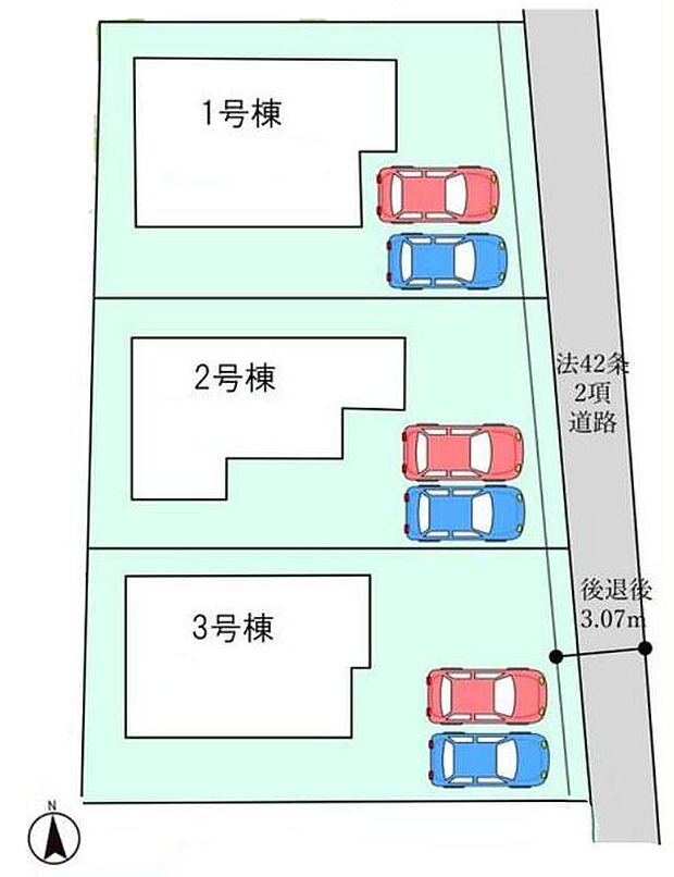 【全体区画図】閑静な住宅地に全3棟　新築住宅のご紹介♪カースペース2台分ございますので、家族分の自転車を駐輪したり、来客用の駐車スペースとしてもお使いいただけます♪
