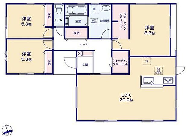 【3LDK】◇平屋のお住まい♪◇8.6帖の主寝室と廊下にWIC！
衣類だけでなく、鞄などの小物からスーツケースやレジャー用品などの大きな物までたっぷり収納出来ます♪