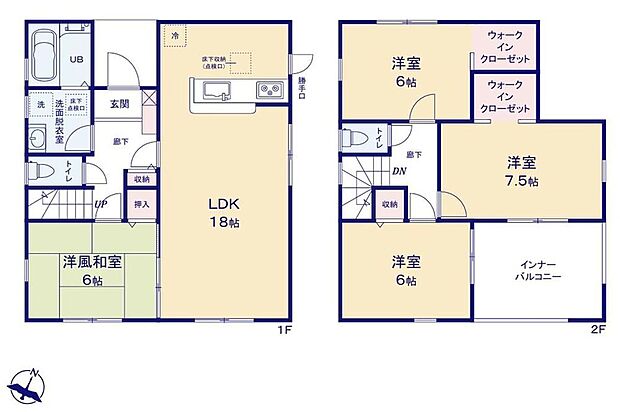 【4LDK】◇リビング横には多目的に利用できる和室を完備！玄関側廊下からも出入りできるので、急なお客様にも余裕の対応◎
◇2階2室にWIC♪全居室収納♪
◇2部屋から出られる、急な雨にも安心なインナーバルコニー♪
