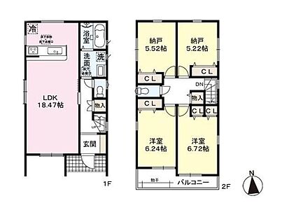 ◇18.47帖の広々としたリビング♪◇対面キッチンでご家族との会話も弾みますね♪◇各居室に収納完備♪◇トイレスペースが１・２階にございますので、朝の混雑時に家族が分散して使用できます♪ 