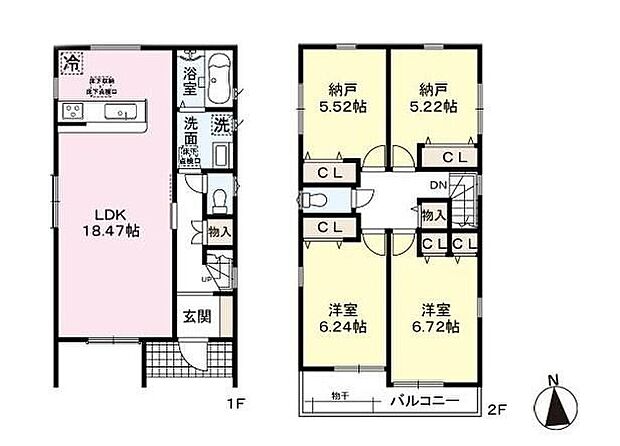 【2LDK+2S】◇18.47帖の広々としたリビング♪◇対面キッチンでご家族との会話も弾みますね♪◇各居室に収納完備♪◇トイレスペースが１・２階にございますので、朝の混雑時に家族が分散して使用できます♪