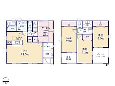 全居室南向き！6帖～7.5帖のゆとりの間取りプラン♪和室として使える納戸付きで来客時にも便利です◎2か所のバルコニーは洗濯物とガーデニング分けて使うのもおススメ☆ 