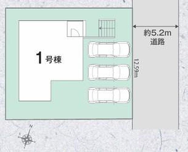 【全体区画図】カースペース3台分ご用意ございます（車種によります）♪ご家族分の自転車を駐輪したり、お客様用の駐車スペースとしてもお使いいただけます♪