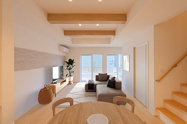 【リビング】■12号地LDK様々な家具と合わせやすい明るい色調の内装デザインです。主張しすぎないシンプルな内装なので、トレンドのホテルテイストや韓国風インテリア、淡色インテリアとの相性も◎※CG合成で家具設置
