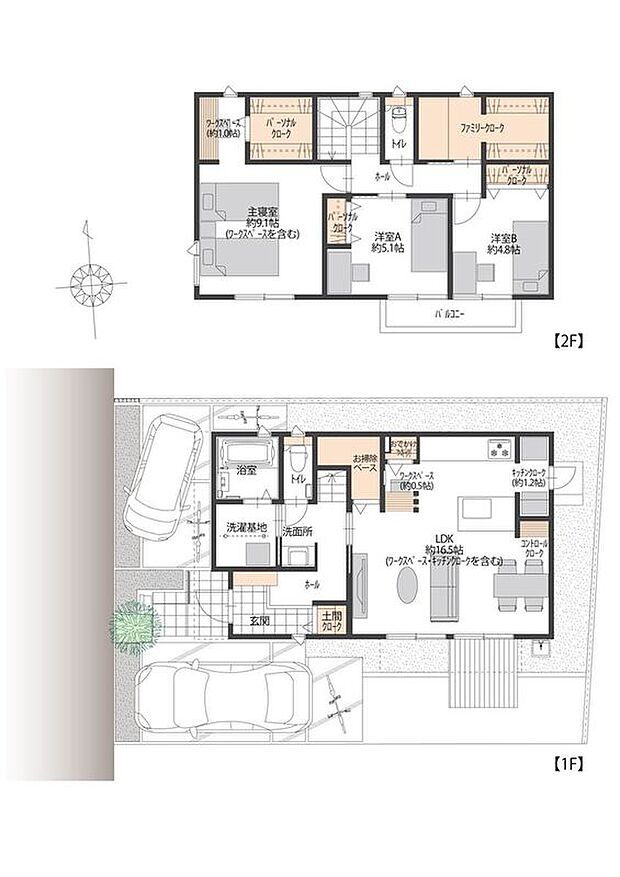 【3LDK】6号地のLDKは約16.5帖（ワークスペース・キッチンクローク含む）です。子ども部屋を確保しやすい3LDKの間取りです。収納も充実しており、常に片付いた状態をキープできます。
