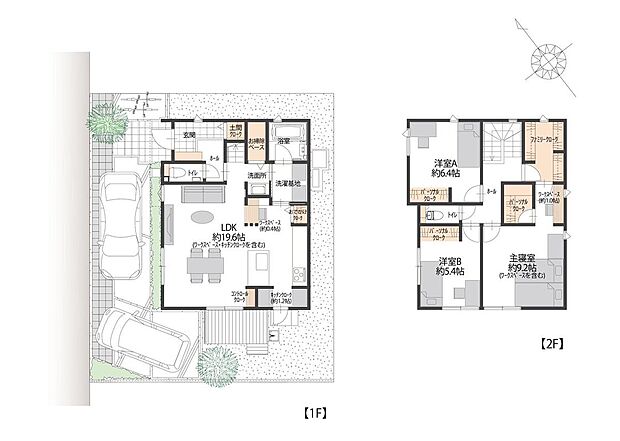 【3LDK】■9号地間取図
9号地は1階にリビングと水回り、2階に洋室3部屋のある3LDK。2階約9.1帖の主寝室には、ワークスペースがございます。家事机、PCデスクなど様々な用途でお使いいただけます。