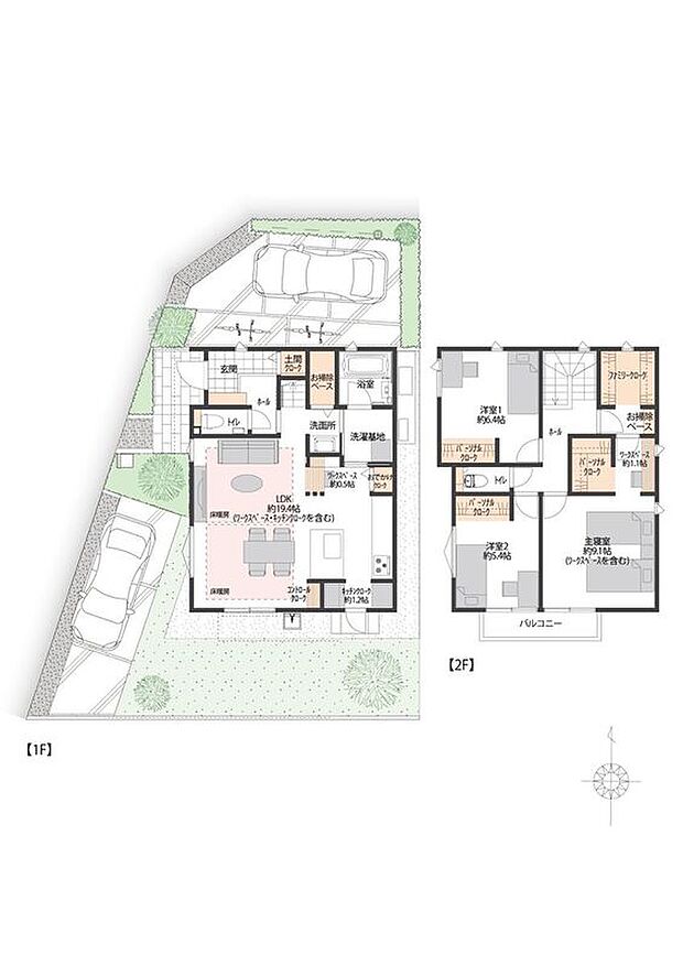 【3LDK】約19.4帖の南向きLDK。LDには床暖房が備えられています。1階・2階ともにワークスペースがあります。2台駐車可能（車種による）