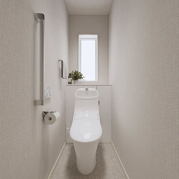 【完成予想図(内観)】■2号棟2階トイレ(パース)トイレはリモコンで操作可能でなため、トイレ本体に直接触れる必要がなく、衛生的です。手すり付きで、立ち上がるときも安心です。
