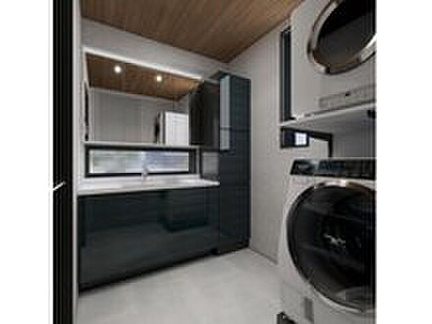 【【洗面室/B号棟】】完成イメージパース
・東京ガス≪乾太くん≫9ｋｇ
・洗面化粧台
　ＬＩＸＩＬ製 XVシリーズ採用♪
1200＋450（収納）