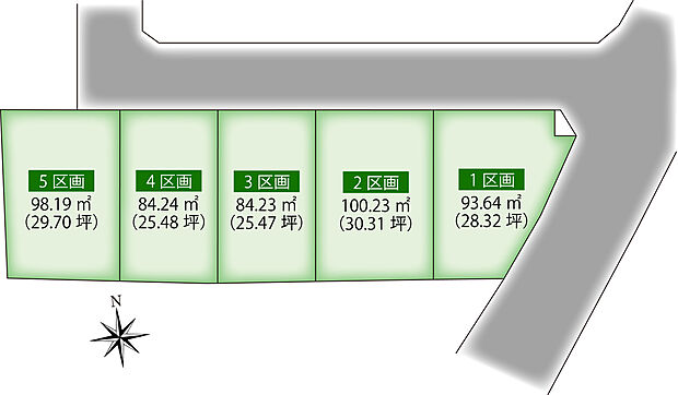 全体区画図。全5棟の配置と接道状況をご確認いただけます。