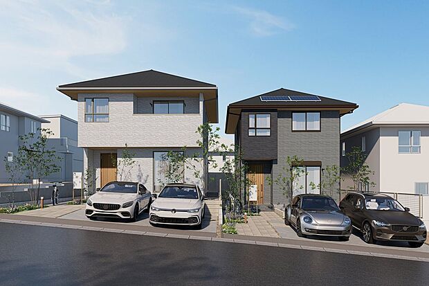 ■1号地・2号地外観（パース）積水ハウス ノイエは標準仕様で「ZEH基準をクリア」しています。さらに、高断熱樹脂サッシとLow-E複層ガラスで、 高い断熱性と快適性を実現しました。