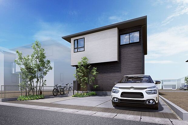 ■C号地外観（パース）いつまでも飽きのこない、愛着を感じる家となるよう、均整の取れたシルエットと、自然な色合いのデザインを施しています。2台駐車可能です(車種による)　