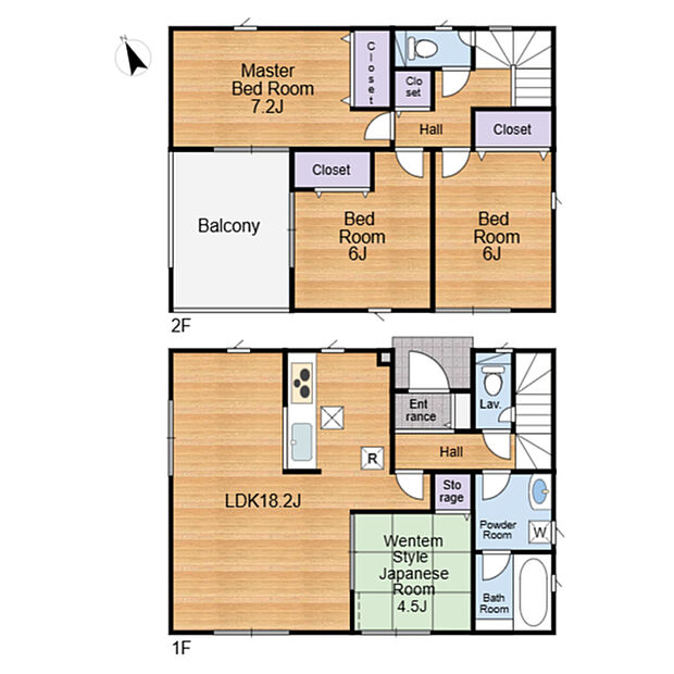 全室に収納スペースが設けられており整理整頓がしやすい間取りです。LDKは18.2帖と開放感があります。和室もございますので多目的に活用できます。2階にはバルコニーがあり屋外スペースも確保されています。