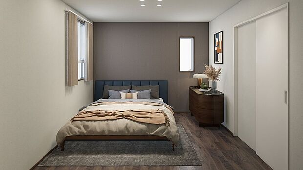 ■3号地主寝室（パース）落ち着いた色味のアクセントクロスとダウンライトが、安らぎの時間を演出する主寝室です。パーソナルクローク付きです。