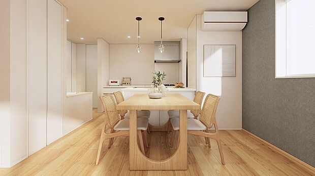 ■１号地リビング（パース）　LDKは約16.9帖の広さ。南向きの開口部から光が差し込む設計です。