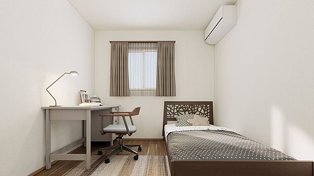 ■2号地洋室A(パース) 約5.4帖の広さの洋室です。扉のないクローゼットは、中身がひと目で見えるため、洋服や持ち物の管理がしやすく、取り出し・片付けもスムーズにできるのがメリットです。