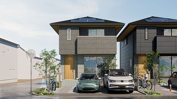 【外観パース図】■1号地外観(パース) モノトーンの外壁はセルフクリーニング機能と継ぎ目の目立ちにくいシーリングレス仕様です。木目調ドアとの調和で落ち着きのある印象に。