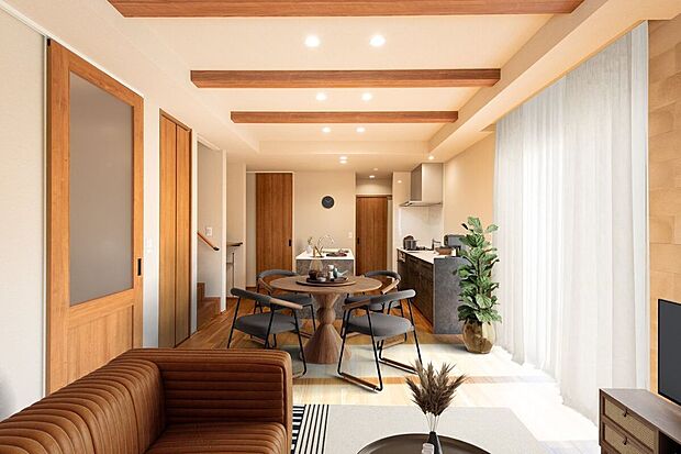 【リビング】■2号地リビングLDK（ワークスペース・キッチンクローク含む）は17.8帖。木の温もりが印象的な空間です。LDKには物入れ、キッチンにはキッチンクロークがあり収納も充実。※CG合成にて家具を設置