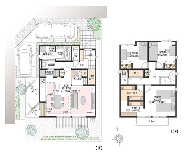 【3LDK】キッチン横づけのダイニングで家事動線がスムーズ。2階のファミリークロークはホール・主寝室の両方からアクセス可能で使いやすく、主寝室にはワークスペースも備え、暮らしやすさと機能性を両立した間取りです。