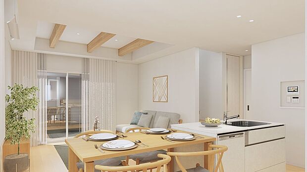 【完成予想図（内観）】■2号地リビング（パース）　リビング・ダイニング・キッチンがひと続きの間取りで、家族のつながりを感じやすい設計。生活動線もスムーズで毎日の暮らしが快適です。