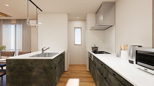 【完成予想図(内観)】■4号地キッチン(パース) キッチンの背面には造作の棚、奥にはキッチンクロークがあります。食料品やキッチン用品を効率的に収納し、キッチンスペースを整理整頓することで使いやすく保つことができます。