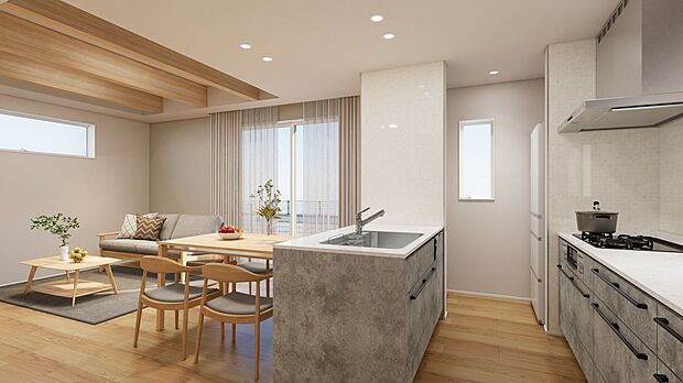 【完成予想図(内観)】■5号地キッチン(パース) ナチュラルなLDKに馴染む、グレーのキッチン。リビングを見渡せるカウンターキッチンなら、ご家族との会話を楽しみながら料理ができます。深型食器洗浄乾燥機を完備。