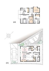 ■1号地間取図　
1号地のLDKには、スムーズな動線を実現するキッチンがございます。また収納スペースも豊富で、土間クローク、パントリー、ファミリークロークなど、用途別にしまい分けられます。 