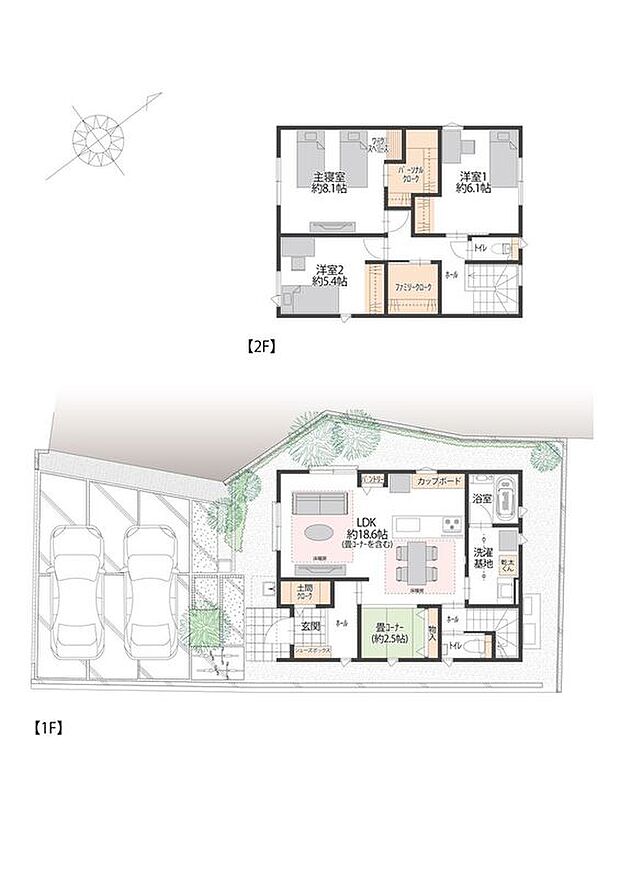 【3LDK】■2号地間取図　
2号地は約18.6帖のLDKがある3LDKです。LDKは南西側と西北側に窓を設けているため、陽当たり・風通しが良く快適にお過ごしいただけます。
