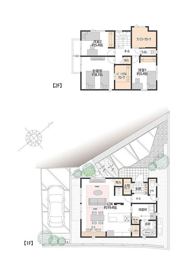 【3LDK】■1号地間取図　
1号地のLDKには、スムーズな動線を実現するキッチンがございます。また収納スペースも豊富で、土間クローク、パントリー、ファミリークロークなど、用途別にしまい分けられます。