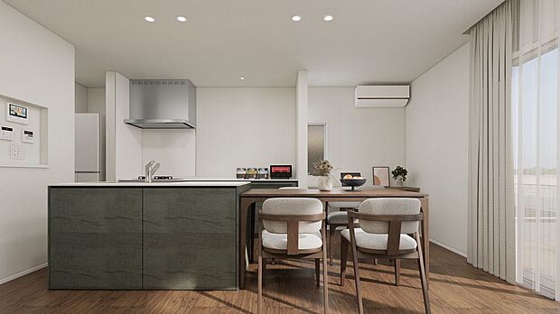 【完成予想図(内観)】■2号地リビング(パース) 2号地のLDKは約19.7帖(ワークスペース約1.2帖、キッチンクローク約1.2帖を含む)あります。床暖房は足元からじんわりと温めてくれて、冬場でも快適です。