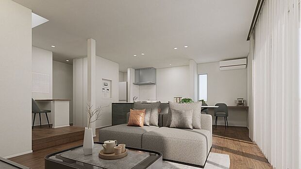 【完成予想図(内観)】■3号地リビング(パース) 3号地のLDKは約19.7帖(ワークスペース約1.2帖、キッチンクローク約1.2帖を含む)あります。