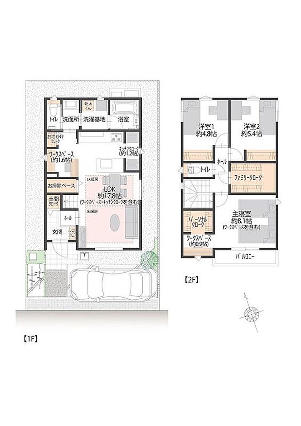 【3LDK】■12号地間取図　
12号地は1階にリビングと水回り、2階に洋室3部屋のある3LDK。2階約8.1帖の主寝室には、ワークスペースがございます。家事机、PCデスクなど様々な用途でお使いいただけます。