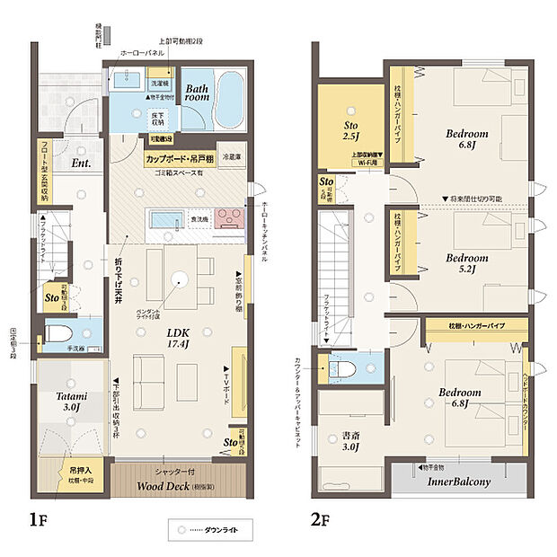 小上がりの畳コーナーをそなえたLDK。キッチン奥にユーティリティをまとめた間取です。1F２Fの各所に収納スペースを確保。主寝室にはリモートワークにもピッタリな書斎空間があります