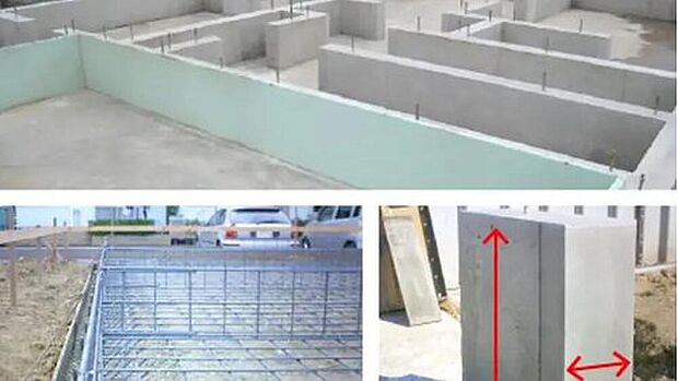 【ベタ基礎】床面と立ち上がり部分が一体となる強固なベタ基礎工法。
幅は150mm、高さは400mm。鉄筋はあらかじめ工場でつくる
ことで現場加工による精度のバラツキもなくしています。