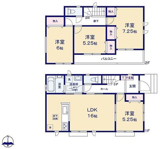 【4LDK】対面式キッチン仕様の約１５帖リビング♪
LDKと約５．２５帖の洋室を一体できる人気の間取り♪
２階の居室約７．２５帖あり広々プライベート空間！収納完備☆
２部屋からアクセスできる便利なバルコニー！