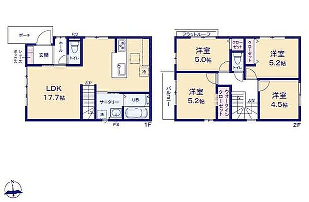 【4LDK】対面式キッチン仕様の約１７．７帖リビング♪
折上天井仕様のワイドカウンターキッチン☆
２階４部屋あり、お子様一人一人にお部屋が与えられます☆
大きな荷物も収納可能なウォークインクローゼット付き♪
